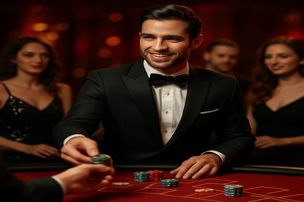 আলো ঝলমলে গেমিং পরিবেশে একজন আত্মবিশ্বাসী ডিলার ব্যবহারকারীদের 333db অ্যাকাউন্টে নিরাপদে প্রবেশের আহবান জানাচ্ছেন।